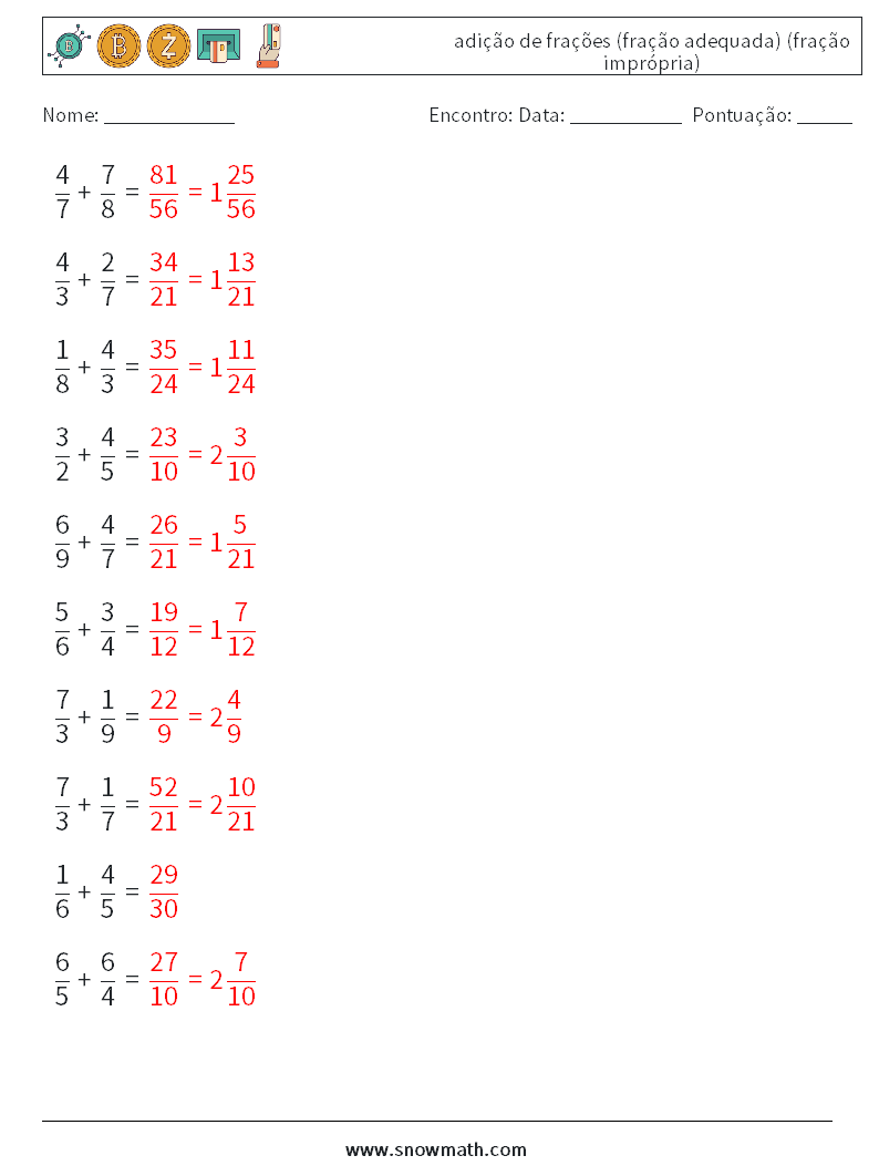 (10) adição de frações (fração adequada) (fração imprópria) planilhas matemáticas 10 Pergunta, Resposta