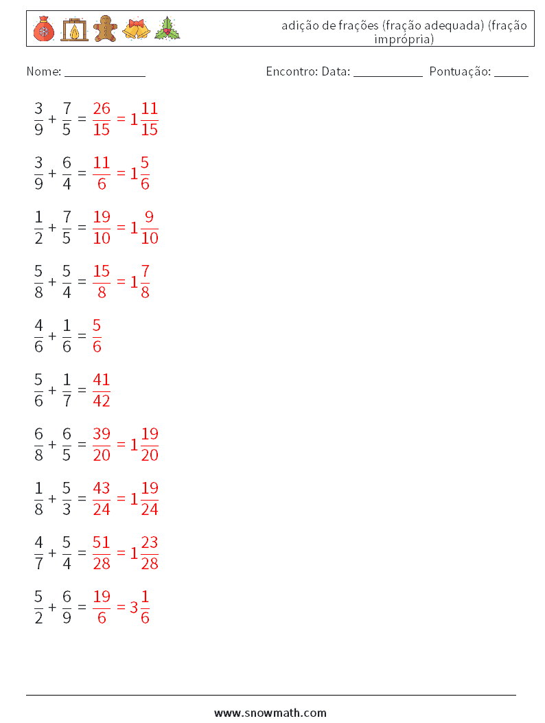 (10) adição de frações (fração adequada) (fração imprópria) planilhas matemáticas 11 Pergunta, Resposta