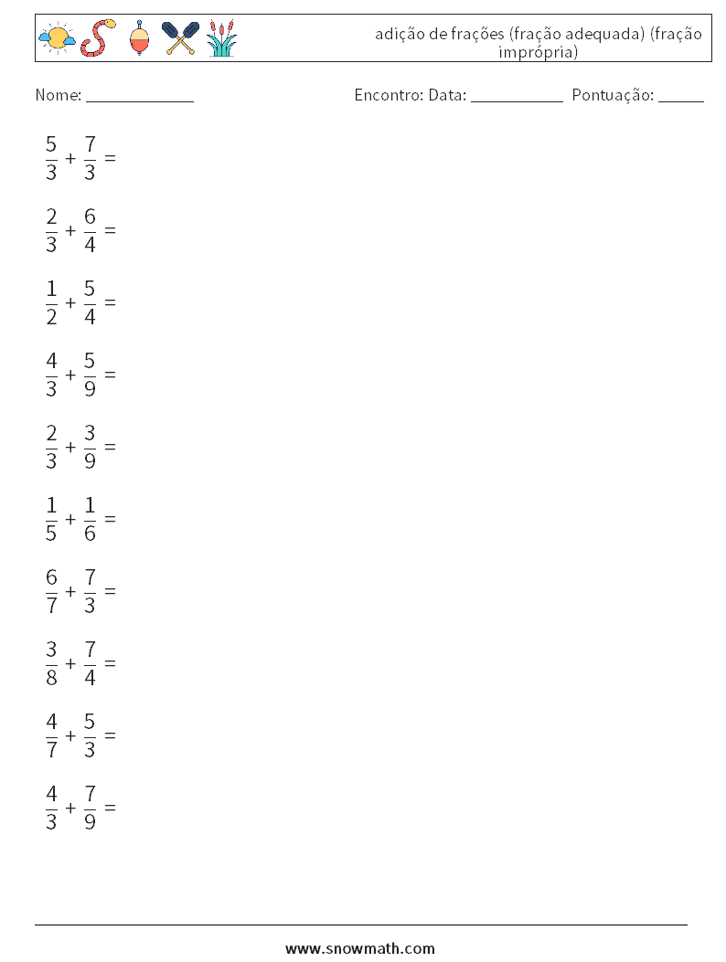 (10) adição de frações (fração adequada) (fração imprópria) planilhas matemáticas 12