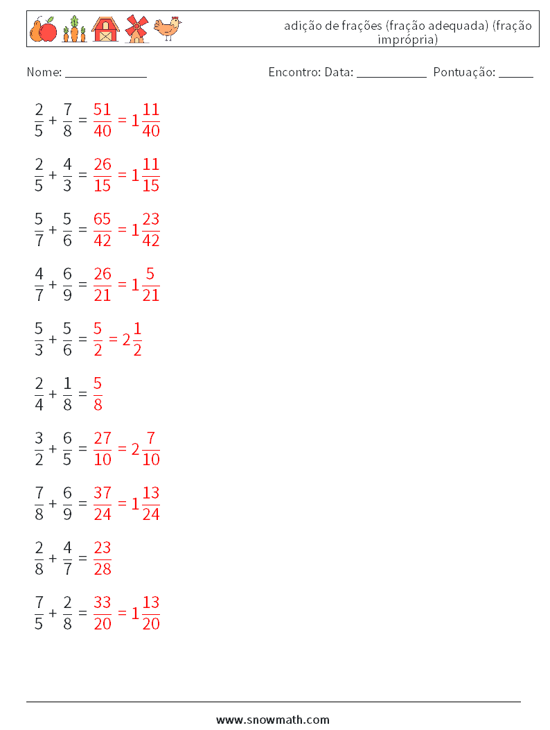 (10) adição de frações (fração adequada) (fração imprópria) planilhas matemáticas 14 Pergunta, Resposta