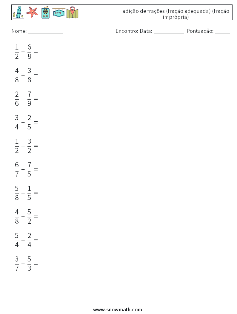 (10) adição de frações (fração adequada) (fração imprópria) planilhas matemáticas 16