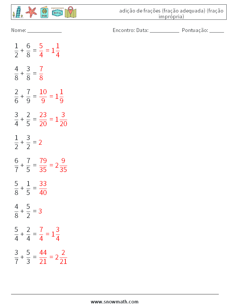 (10) adição de frações (fração adequada) (fração imprópria) planilhas matemáticas 16 Pergunta, Resposta