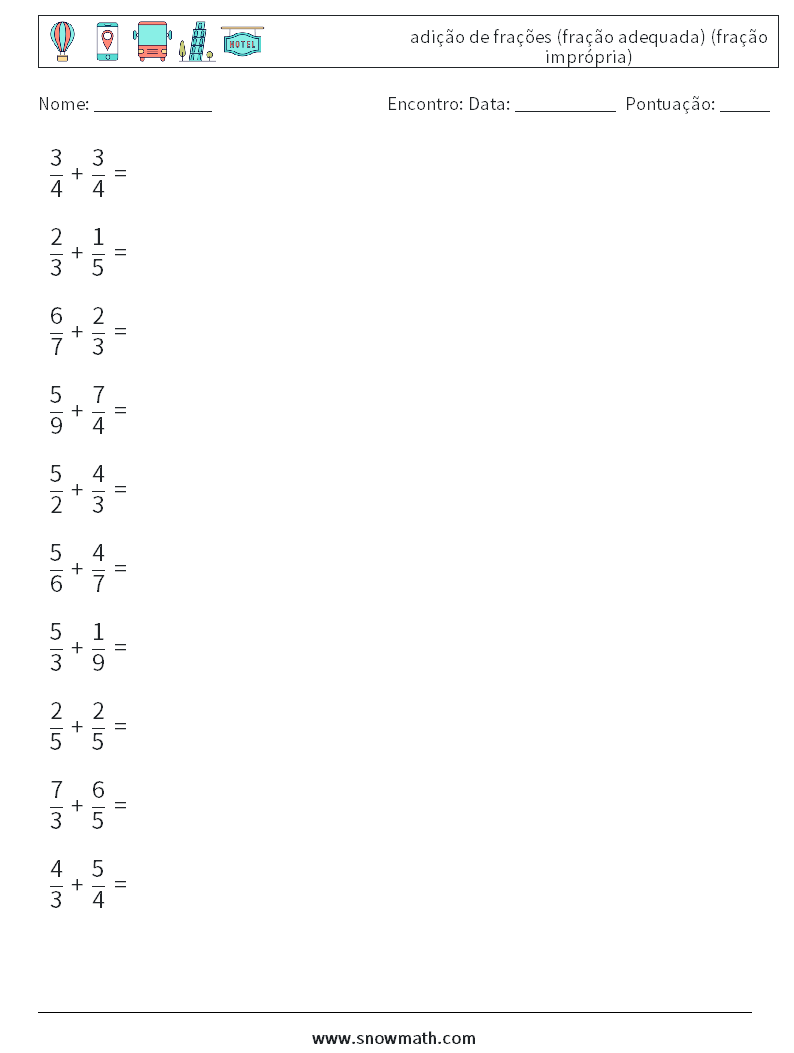 (10) adição de frações (fração adequada) (fração imprópria) planilhas matemáticas 17