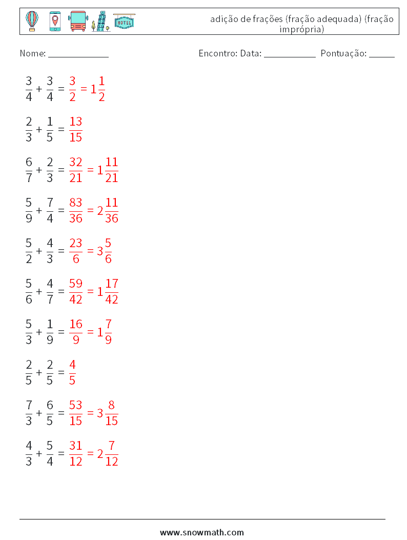 (10) adição de frações (fração adequada) (fração imprópria) planilhas matemáticas 17 Pergunta, Resposta