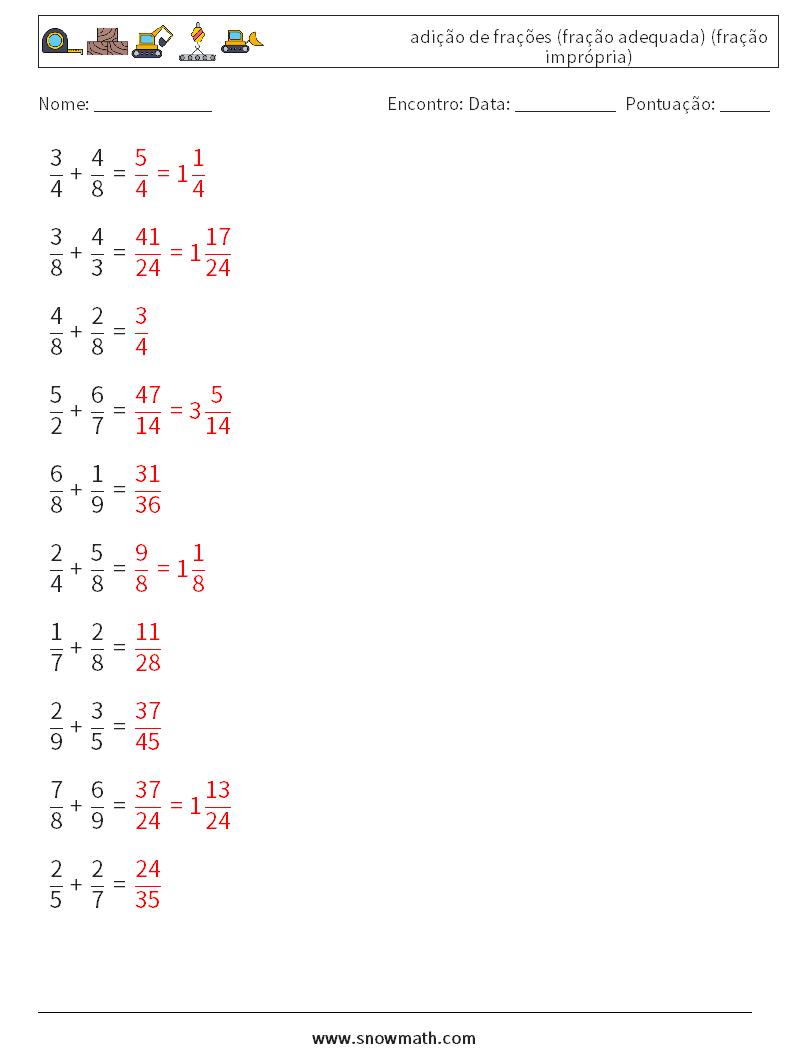 (10) adição de frações (fração adequada) (fração imprópria) planilhas matemáticas 1 Pergunta, Resposta