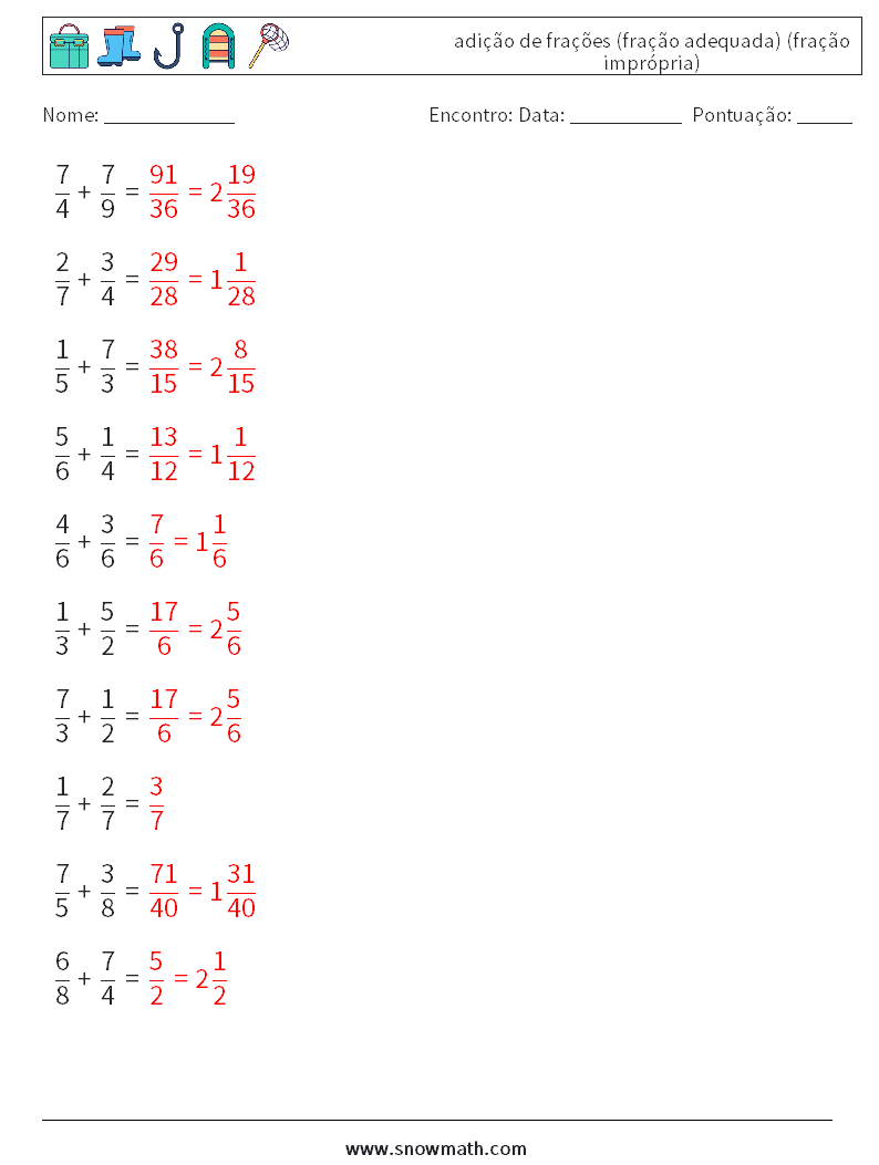 (10) adição de frações (fração adequada) (fração imprópria) planilhas matemáticas 2 Pergunta, Resposta