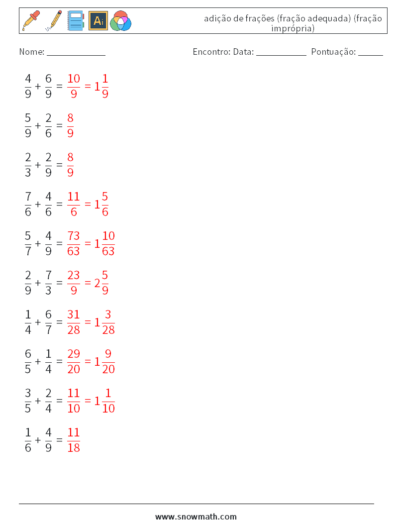 (10) adição de frações (fração adequada) (fração imprópria) planilhas matemáticas 3 Pergunta, Resposta