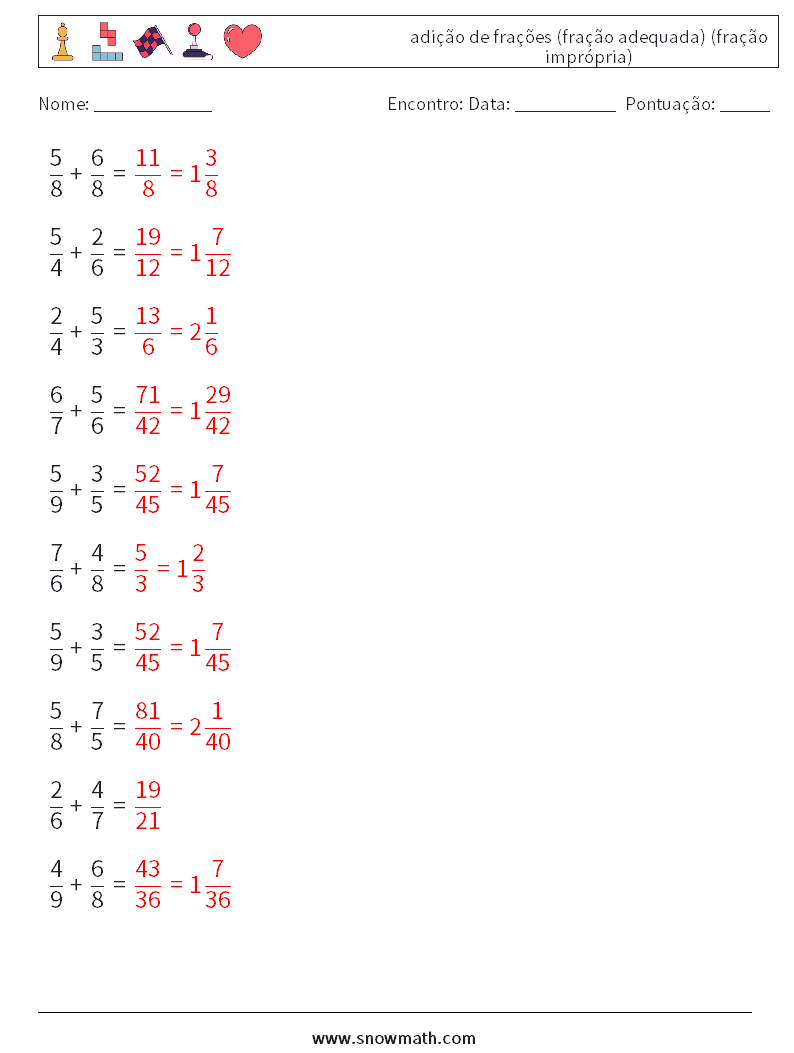 (10) adição de frações (fração adequada) (fração imprópria) planilhas matemáticas 4 Pergunta, Resposta