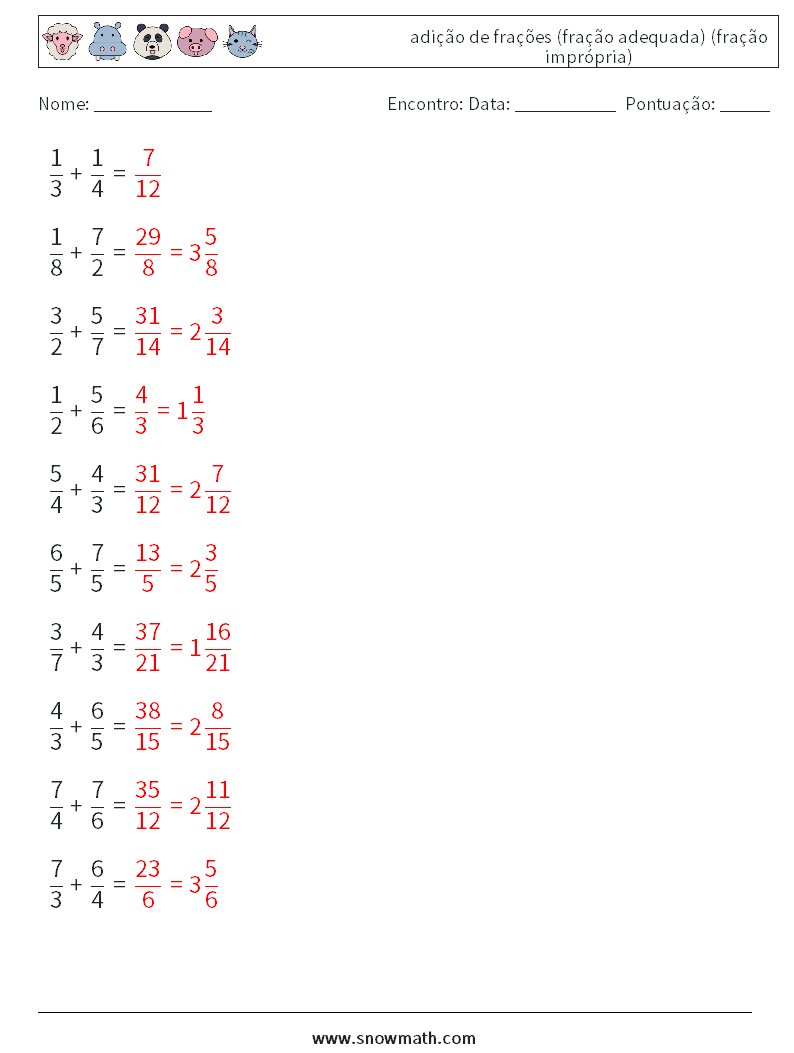 (10) adição de frações (fração adequada) (fração imprópria) planilhas matemáticas 5 Pergunta, Resposta