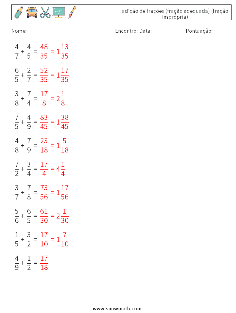 (10) adição de frações (fração adequada) (fração imprópria) planilhas matemáticas 6 Pergunta, Resposta