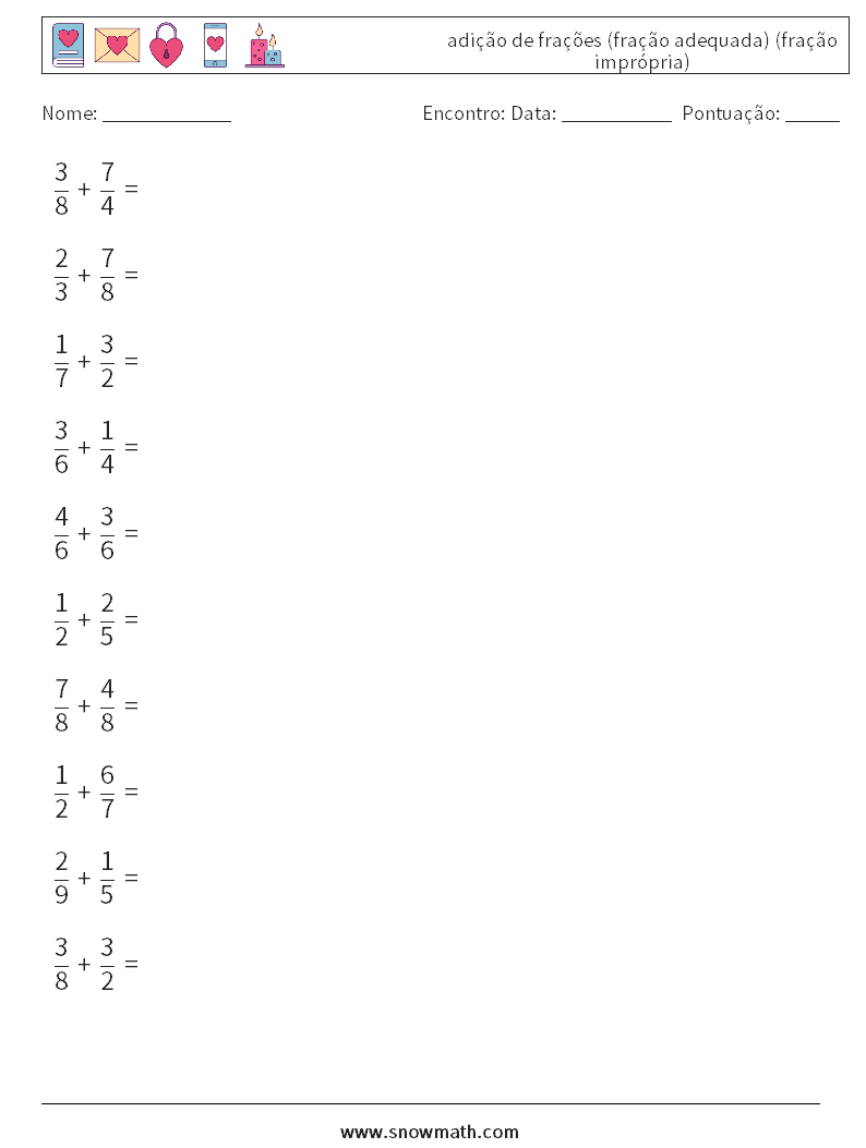 (10) adição de frações (fração adequada) (fração imprópria) planilhas matemáticas 7