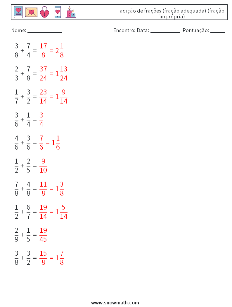 (10) adição de frações (fração adequada) (fração imprópria) planilhas matemáticas 7 Pergunta, Resposta