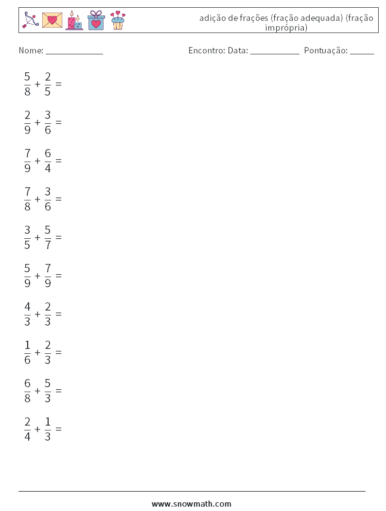 (10) adição de frações (fração adequada) (fração imprópria) planilhas matemáticas 8