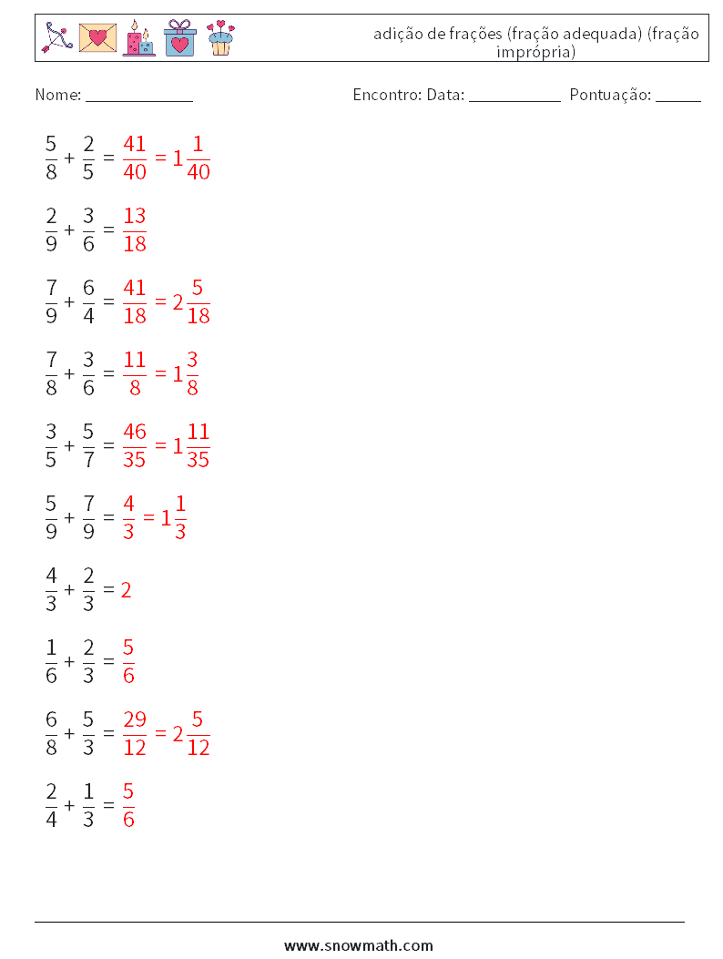 (10) adição de frações (fração adequada) (fração imprópria) planilhas matemáticas 8 Pergunta, Resposta