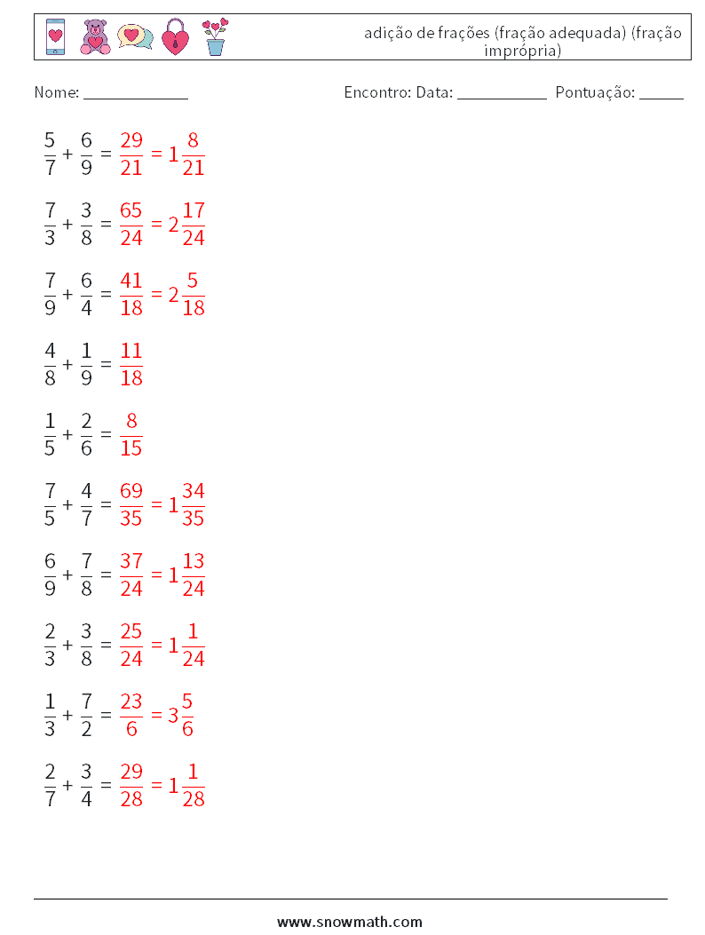 (10) adição de frações (fração adequada) (fração imprópria) planilhas matemáticas 9 Pergunta, Resposta