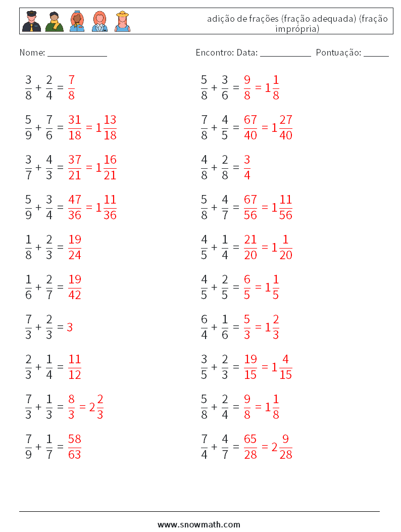 (20) adição de frações (fração adequada) (fração imprópria) planilhas matemáticas 15 Pergunta, Resposta