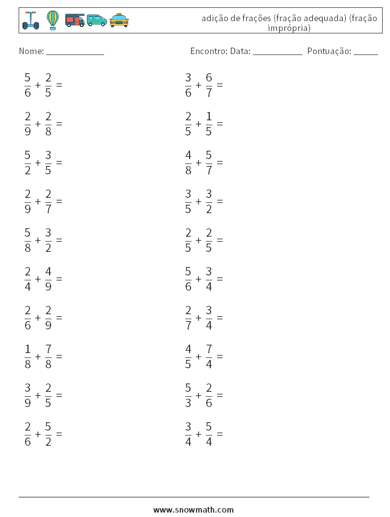 (20) adição de frações (fração adequada) (fração imprópria) planilhas matemáticas 2