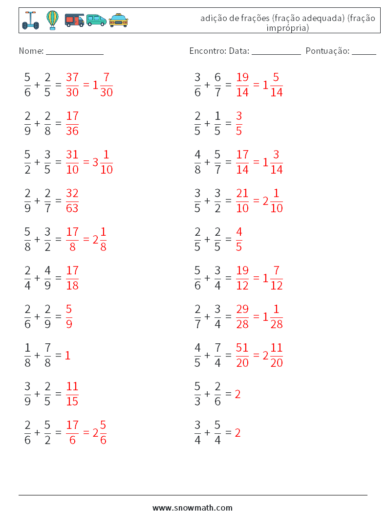 (20) adição de frações (fração adequada) (fração imprópria) planilhas matemáticas 2 Pergunta, Resposta