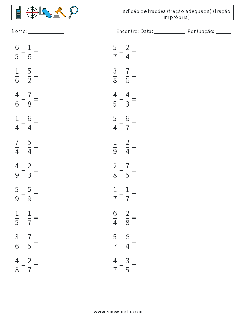 (20) adição de frações (fração adequada) (fração imprópria) planilhas matemáticas 4