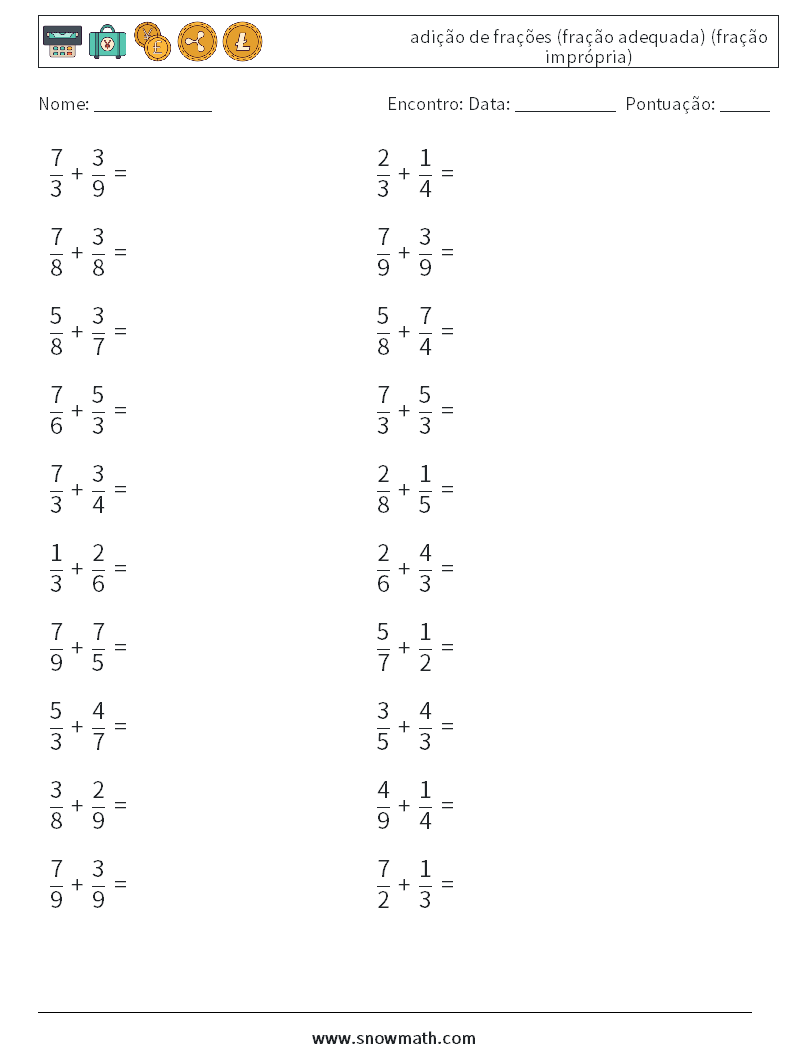 (20) adição de frações (fração adequada) (fração imprópria) planilhas matemáticas 7