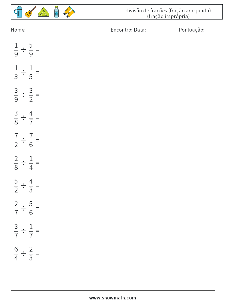 (10) divisão de frações (fração adequada) (fração imprópria) planilhas matemáticas 11