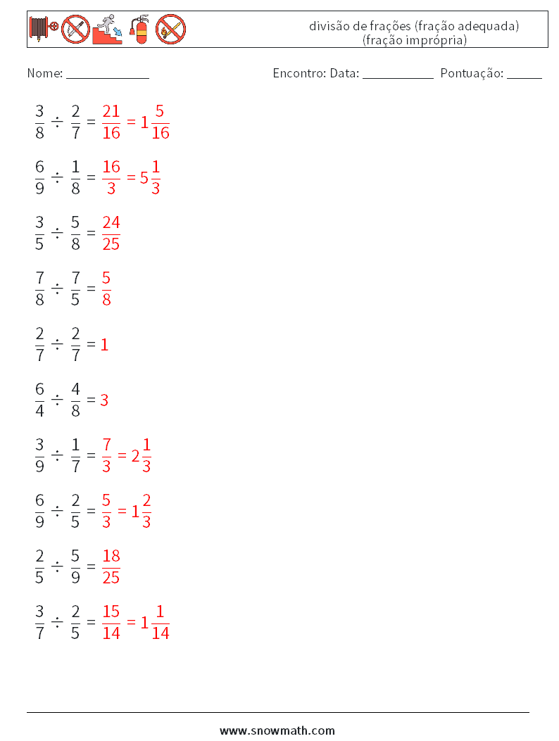 (10) divisão de frações (fração adequada) (fração imprópria) planilhas matemáticas 12 Pergunta, Resposta