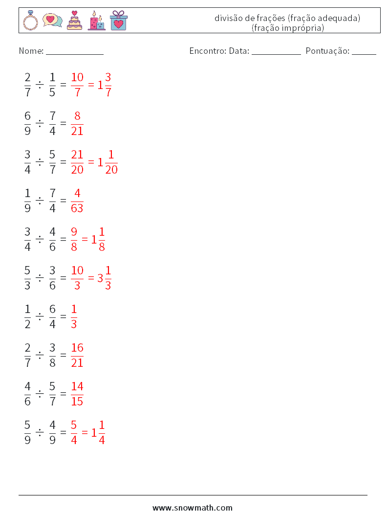 (10) divisão de frações (fração adequada) (fração imprópria) planilhas matemáticas 13 Pergunta, Resposta