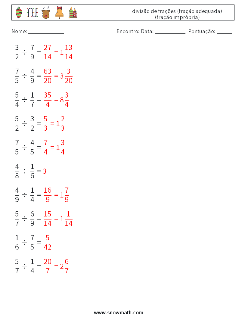 (10) divisão de frações (fração adequada) (fração imprópria) planilhas matemáticas 14 Pergunta, Resposta
