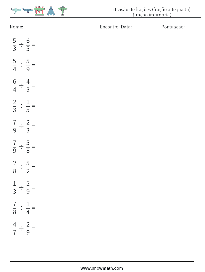 (10) divisão de frações (fração adequada) (fração imprópria) planilhas matemáticas 15