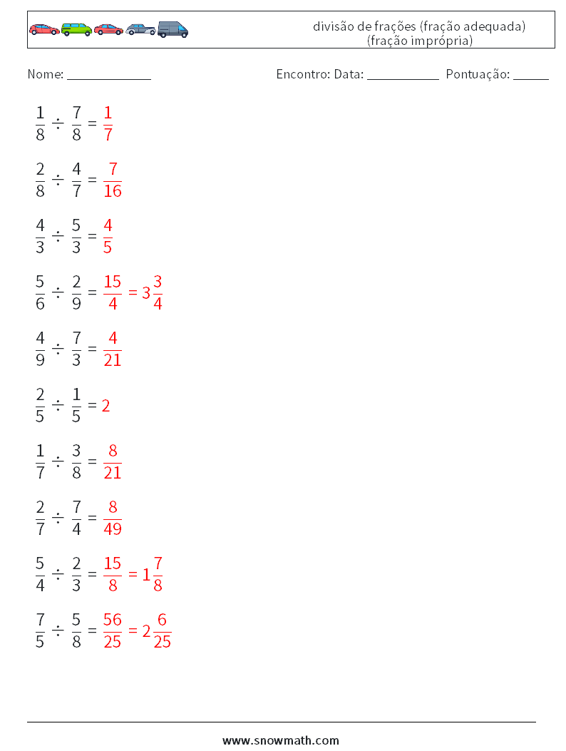 (10) divisão de frações (fração adequada) (fração imprópria) planilhas matemáticas 17 Pergunta, Resposta