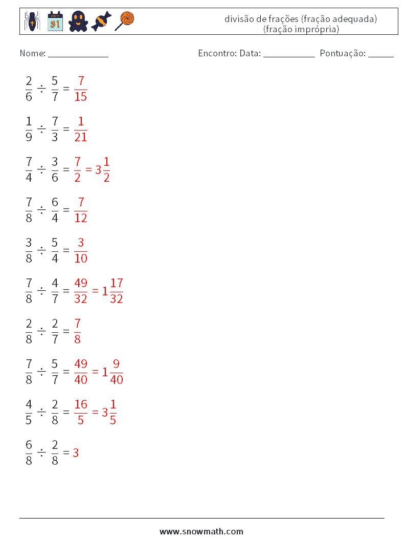 (10) divisão de frações (fração adequada) (fração imprópria) planilhas matemáticas 18 Pergunta, Resposta