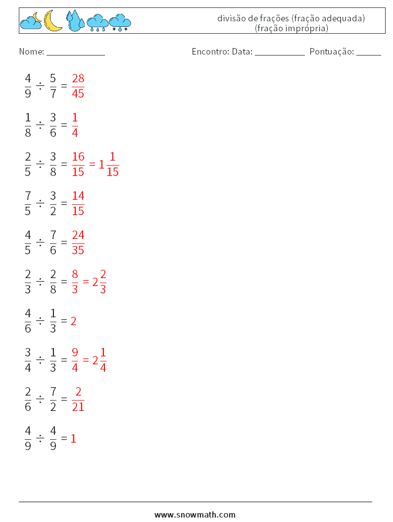 (10) divisão de frações (fração adequada) (fração imprópria) planilhas matemáticas 1 Pergunta, Resposta