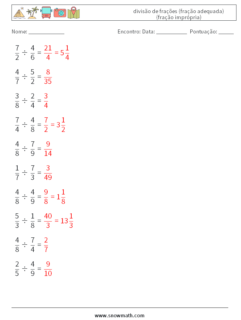 (10) divisão de frações (fração adequada) (fração imprópria) planilhas matemáticas 2 Pergunta, Resposta