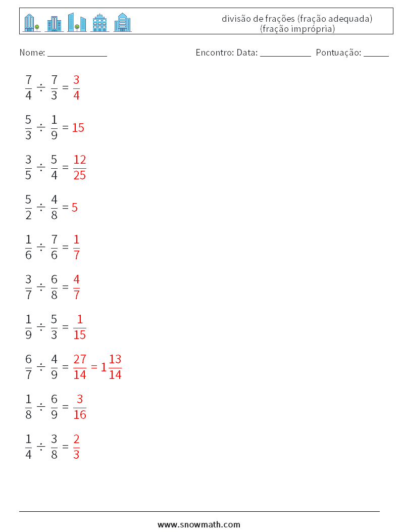 (10) divisão de frações (fração adequada) (fração imprópria) planilhas matemáticas 3 Pergunta, Resposta