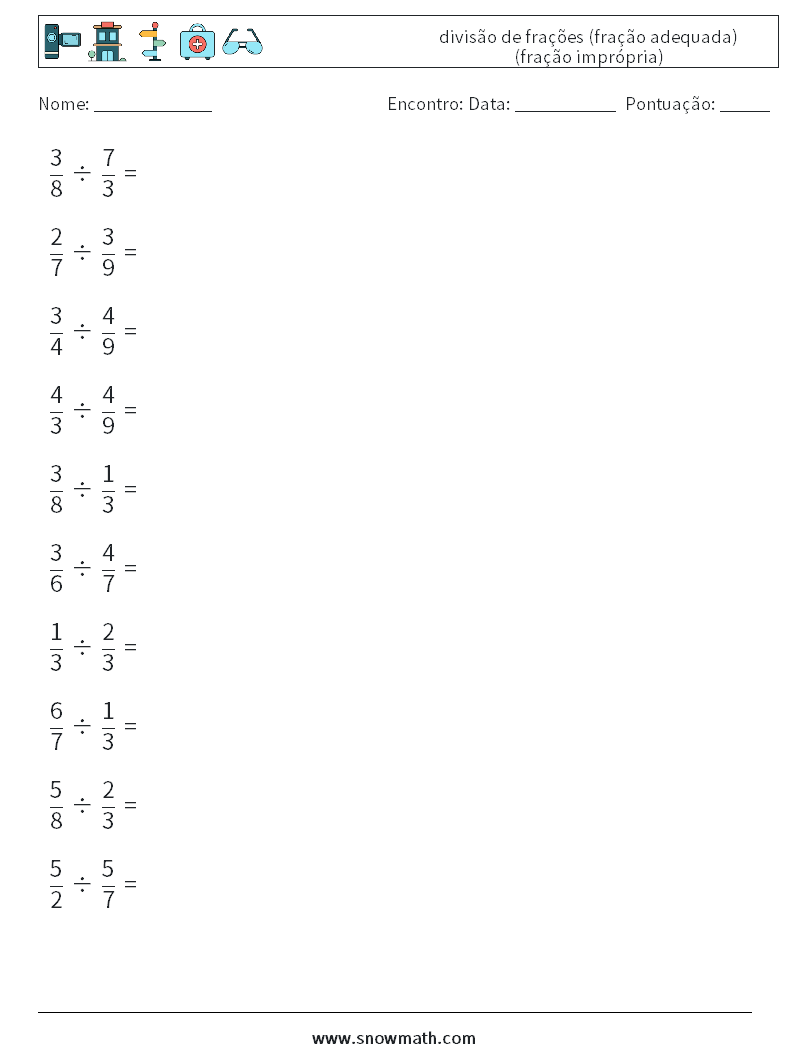 (10) divisão de frações (fração adequada) (fração imprópria) planilhas matemáticas 4