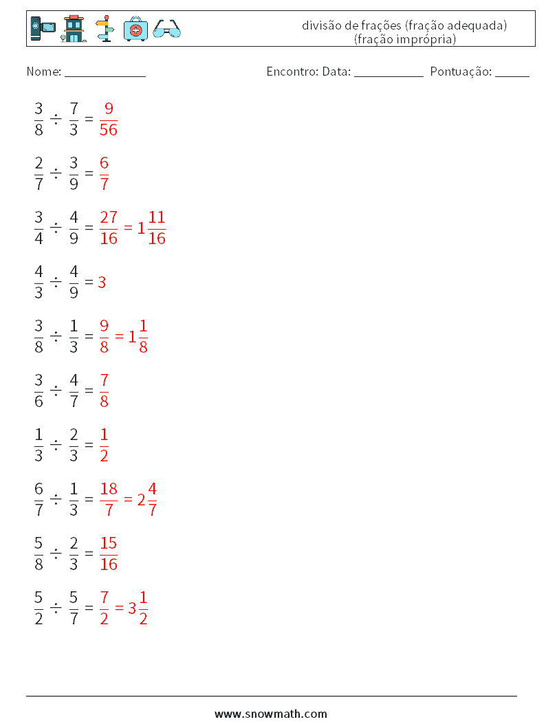 (10) divisão de frações (fração adequada) (fração imprópria) planilhas matemáticas 4 Pergunta, Resposta