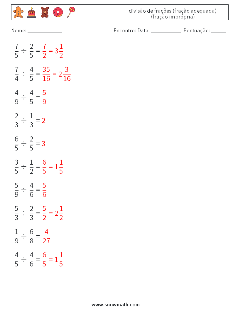 (10) divisão de frações (fração adequada) (fração imprópria) planilhas matemáticas 5 Pergunta, Resposta