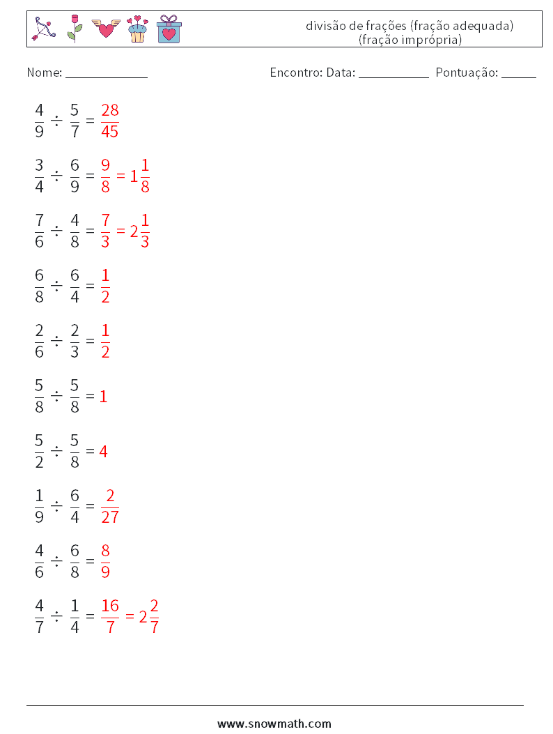 (10) divisão de frações (fração adequada) (fração imprópria) planilhas matemáticas 6 Pergunta, Resposta