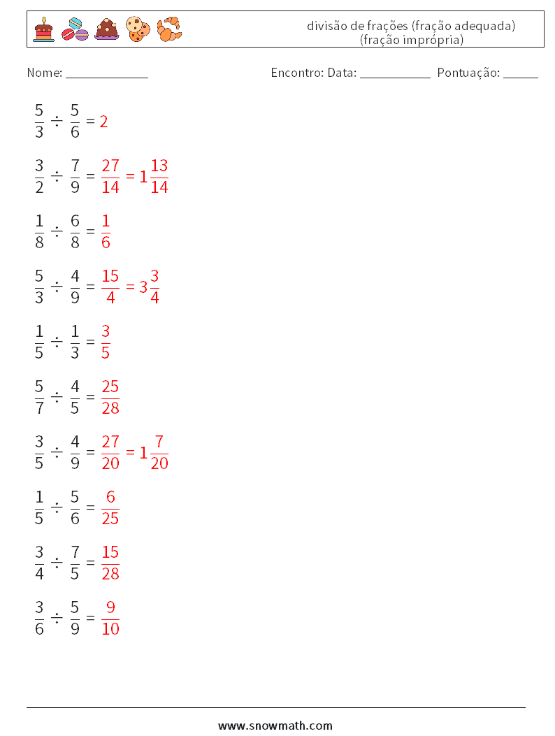 (10) divisão de frações (fração adequada) (fração imprópria) planilhas matemáticas 7 Pergunta, Resposta