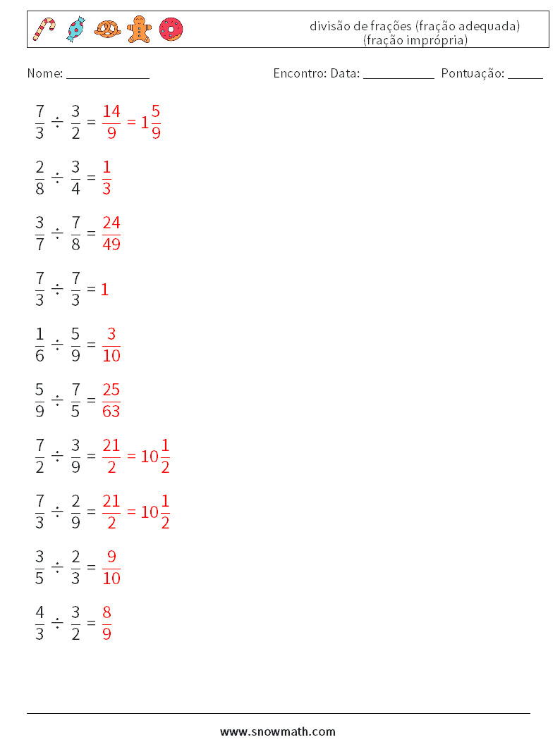 (10) divisão de frações (fração adequada) (fração imprópria) planilhas matemáticas 8 Pergunta, Resposta