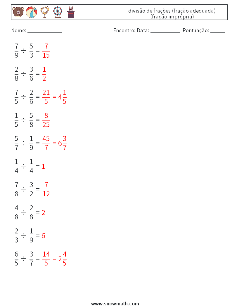 (10) divisão de frações (fração adequada) (fração imprópria) planilhas matemáticas 9 Pergunta, Resposta