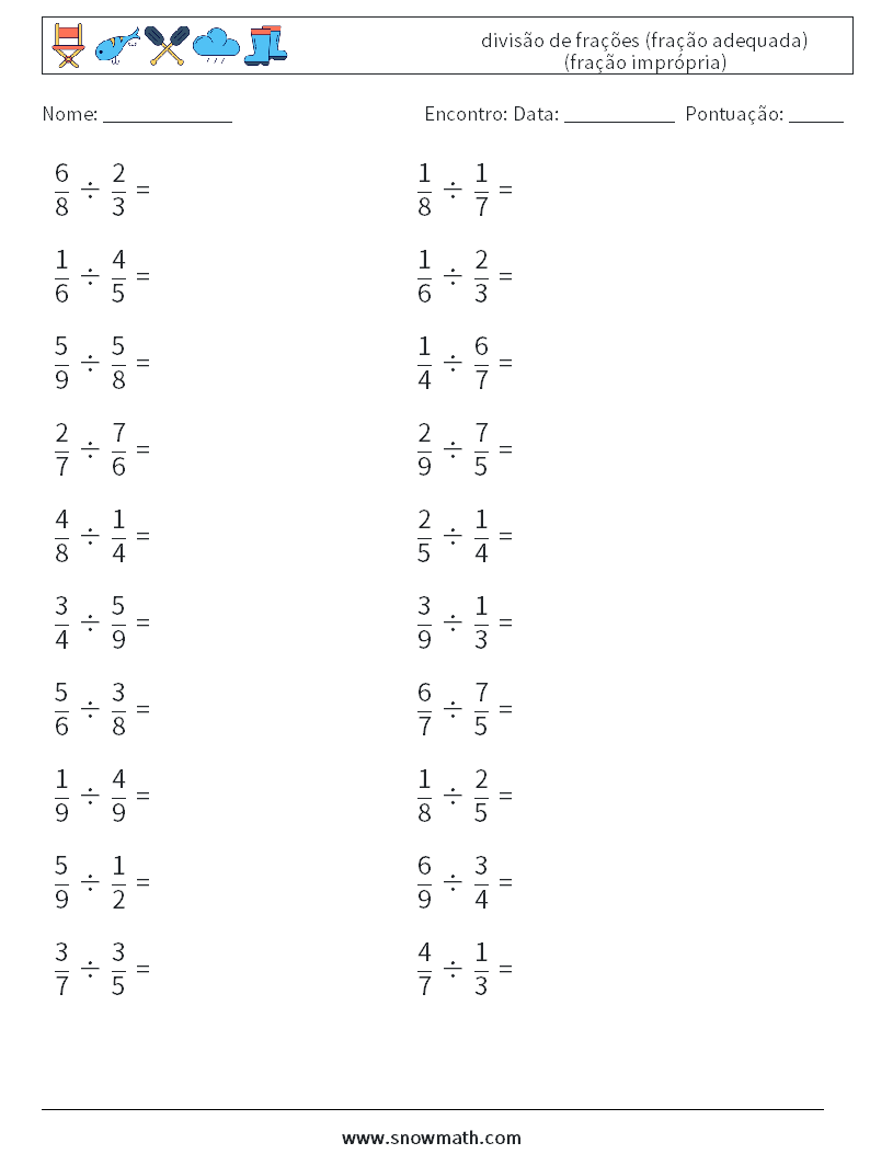 (20) divisão de frações (fração adequada) (fração imprópria) planilhas matemáticas 1