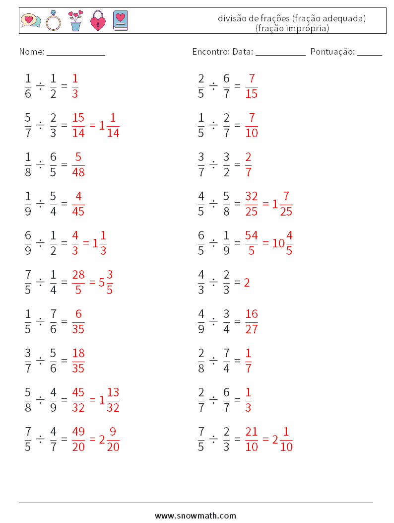 (20) divisão de frações (fração adequada) (fração imprópria) planilhas matemáticas 10 Pergunta, Resposta