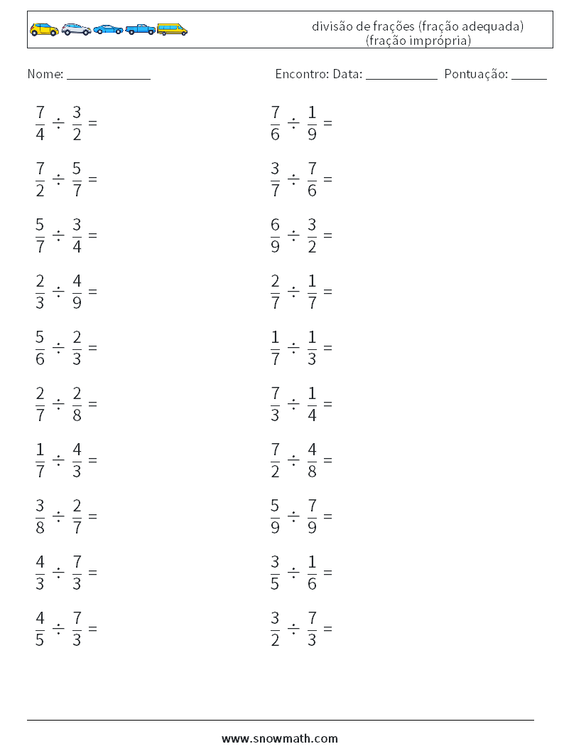 (20) divisão de frações (fração adequada) (fração imprópria) planilhas matemáticas 11