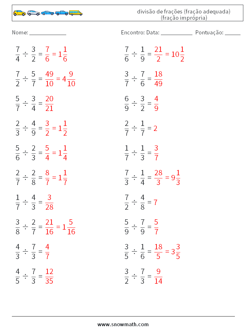 (20) divisão de frações (fração adequada) (fração imprópria) planilhas matemáticas 11 Pergunta, Resposta