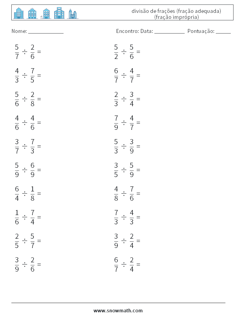 (20) divisão de frações (fração adequada) (fração imprópria) planilhas matemáticas 12