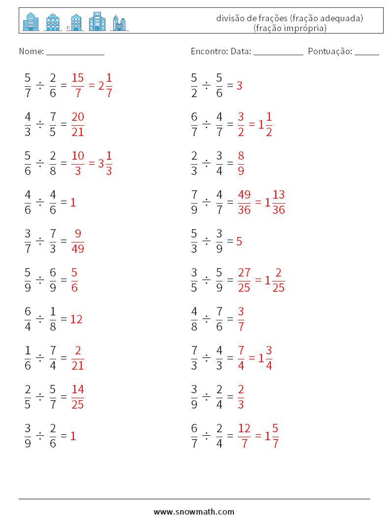 (20) divisão de frações (fração adequada) (fração imprópria) planilhas matemáticas 12 Pergunta, Resposta