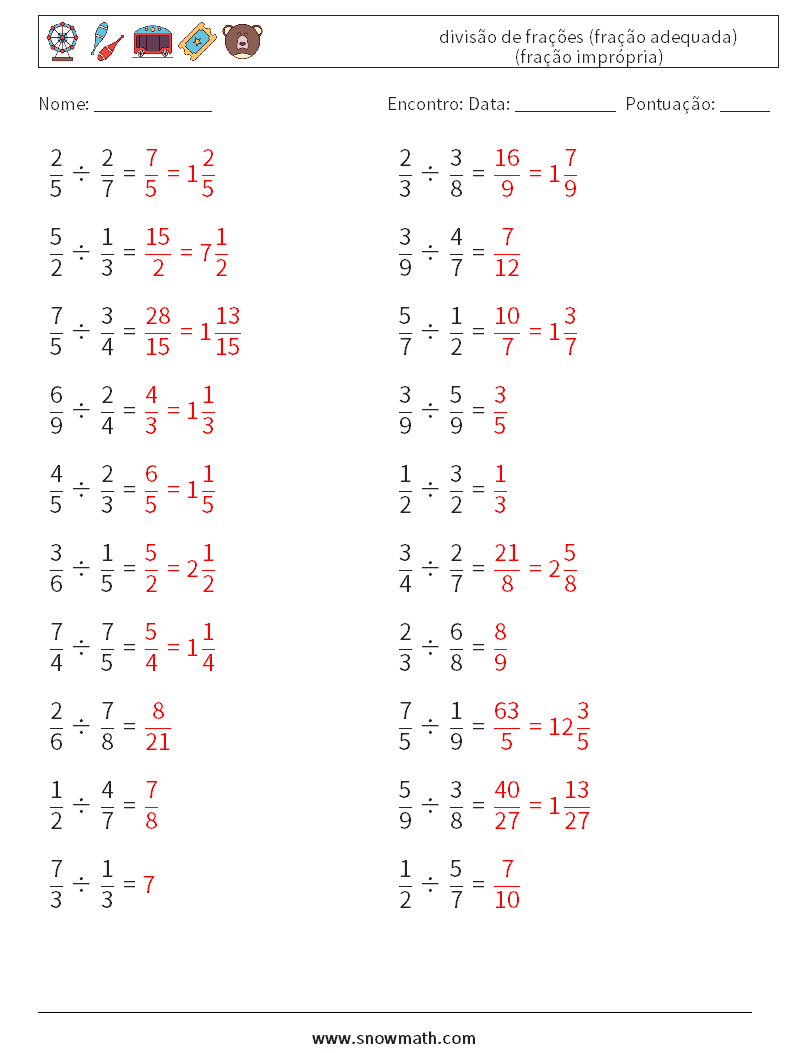 (20) divisão de frações (fração adequada) (fração imprópria) planilhas matemáticas 13 Pergunta, Resposta