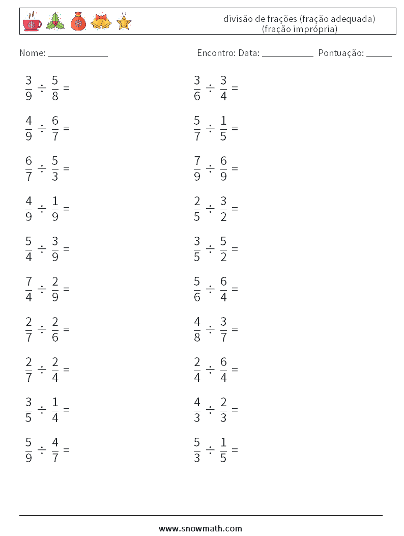 (20) divisão de frações (fração adequada) (fração imprópria) planilhas matemáticas 14