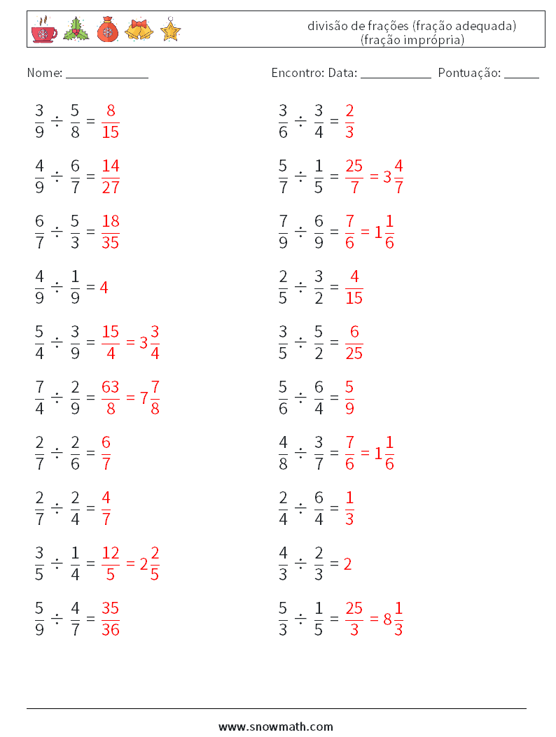 (20) divisão de frações (fração adequada) (fração imprópria) planilhas matemáticas 14 Pergunta, Resposta